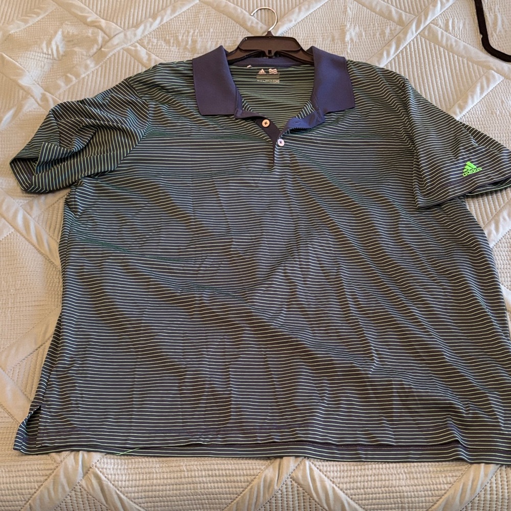 Adidas Men's Polo Shirt - Navy and Green Stripes
